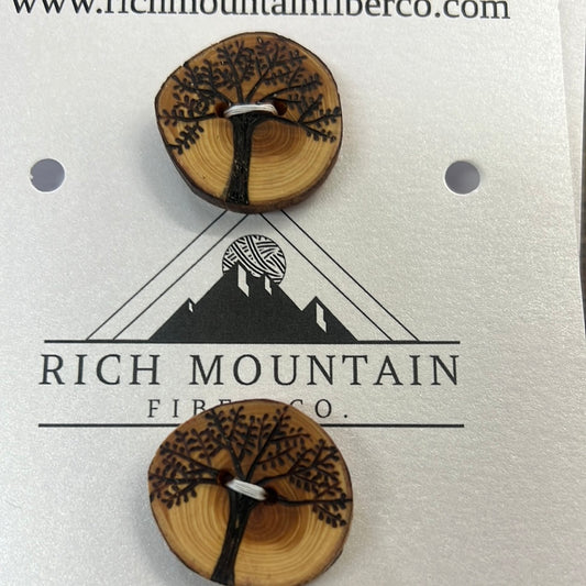 Wood burned tree button