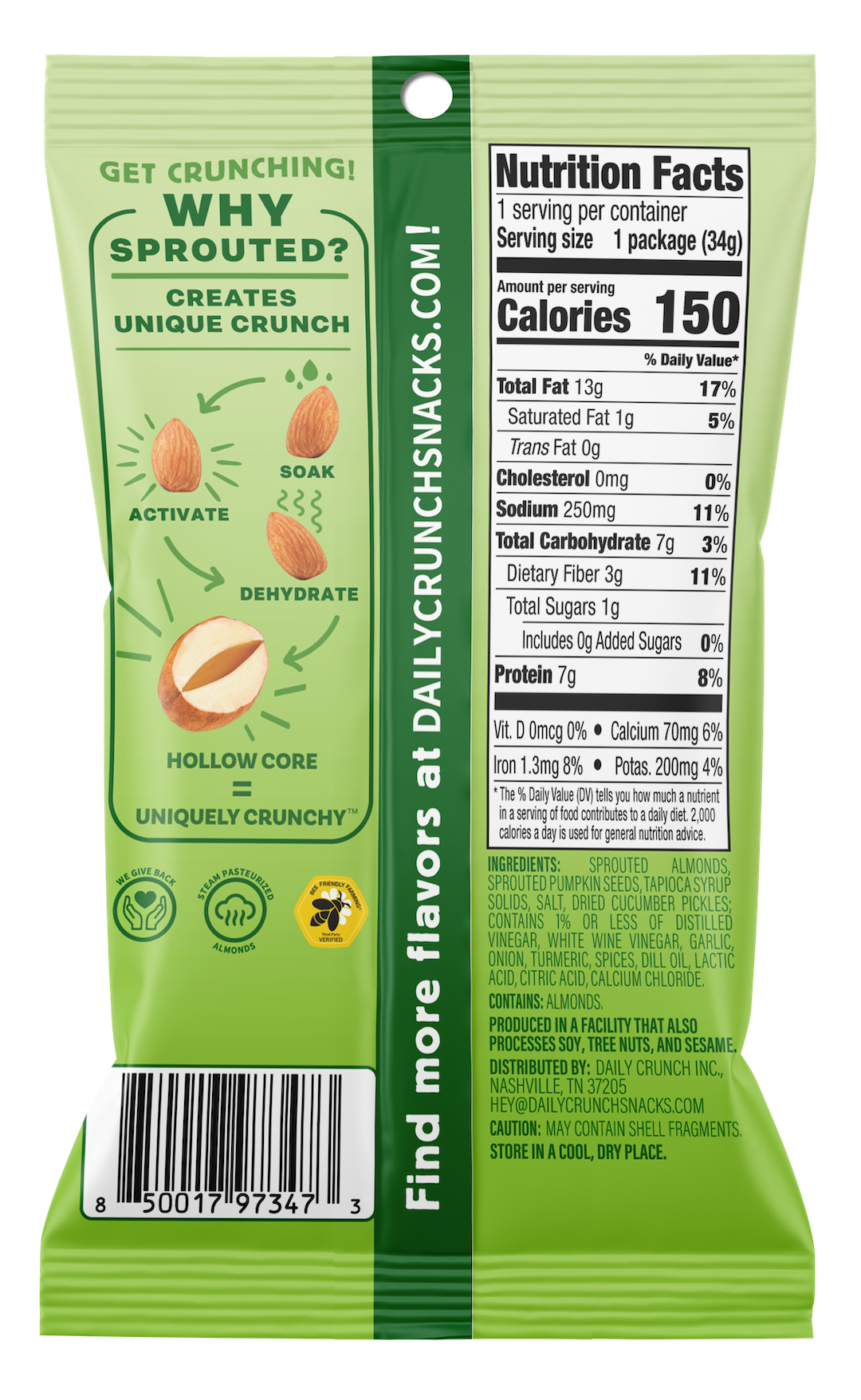 Daily Crunch Dill Pickle Sprouted Almonds | Single Serve Bag