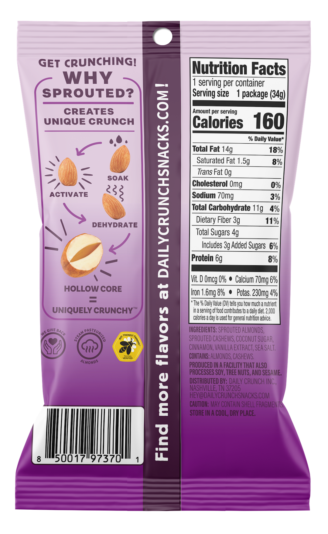 Daily Crunch Churro Sprouted Nuts | Single Serve Snack Bags