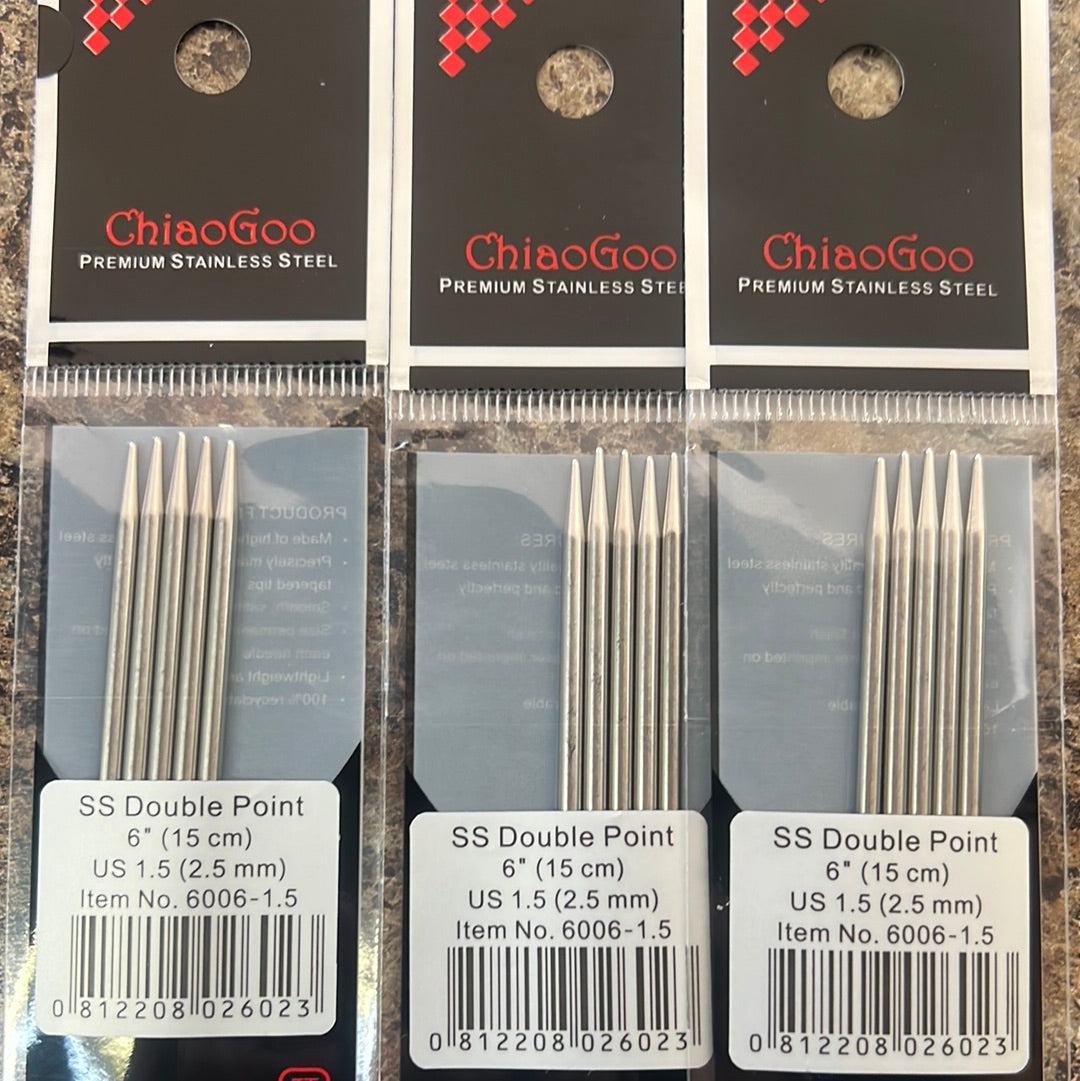 ChiaoGoo Stainless Steele Double Point Needles 6”